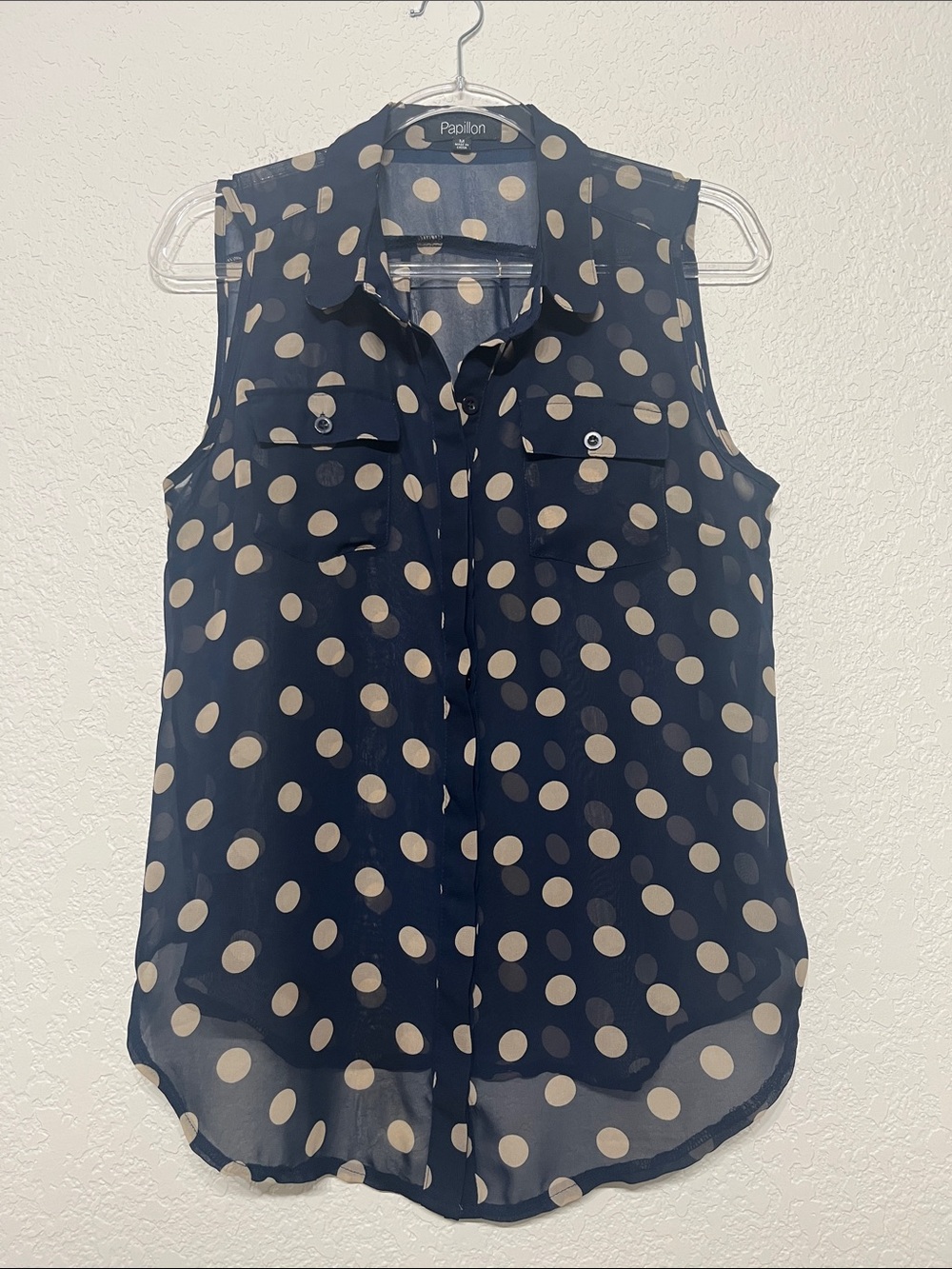 Papillon Women’s Medium Navy and Cream Polka Dot Sleeveless Blouse